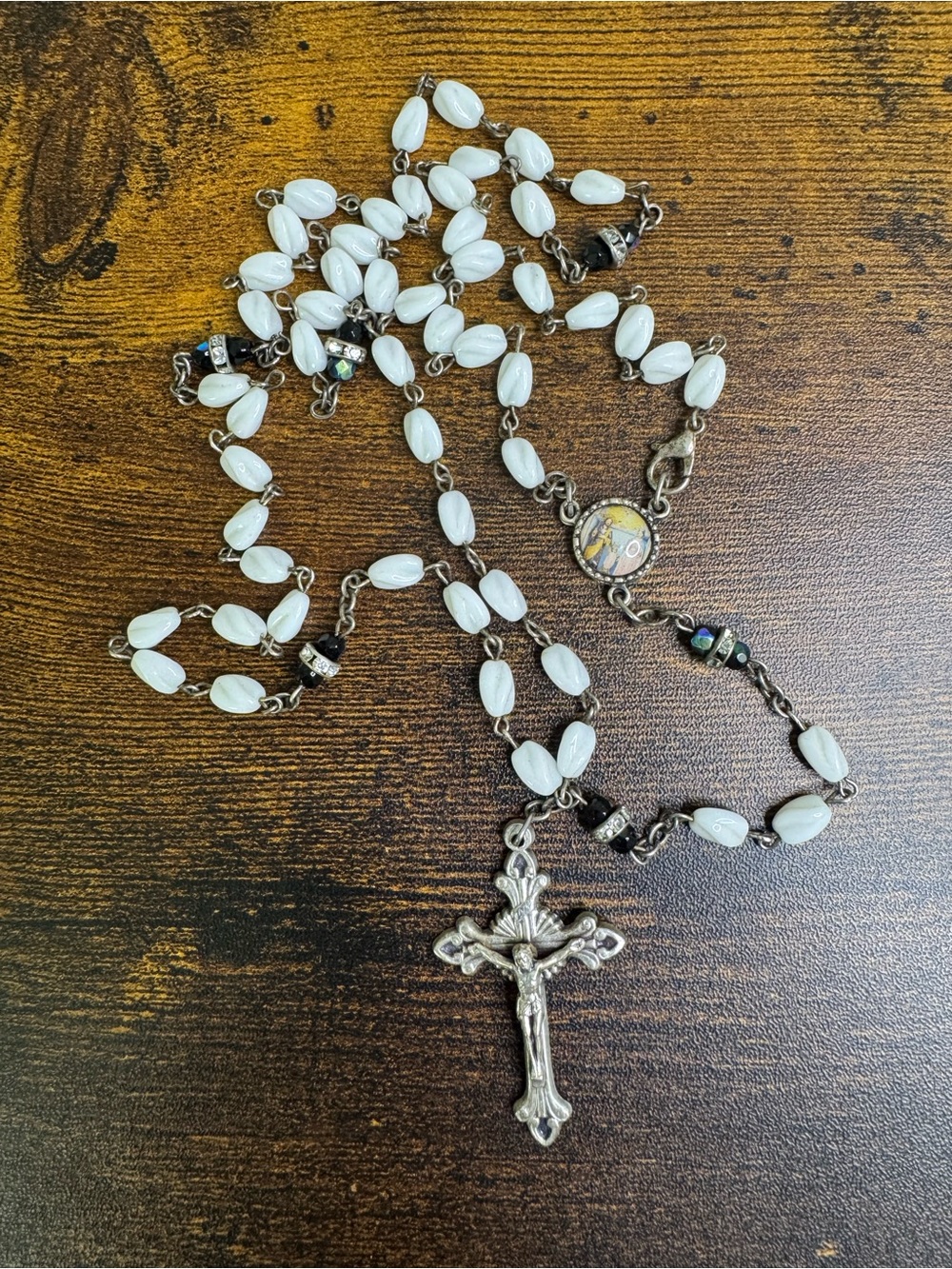 Vintage White Glass Bead Rosary Necklace with Silver Crucifix Cross